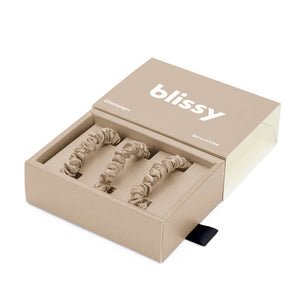 100% Mulberry Silk Hair Ties Blissy Silk Skinny Scrunchies (3-Pack) Close-Up – Blissy 22 Momme Silk