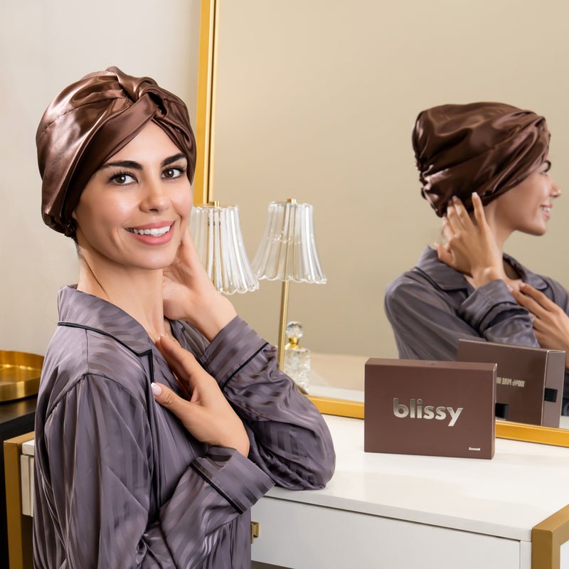 Chocolate Blissy Bonnet Close-Up – Blissy 22 Momme Silk
