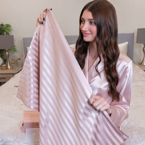 Pink Striped Pillowcase Close-Up – Blissy 22 Momme Silk