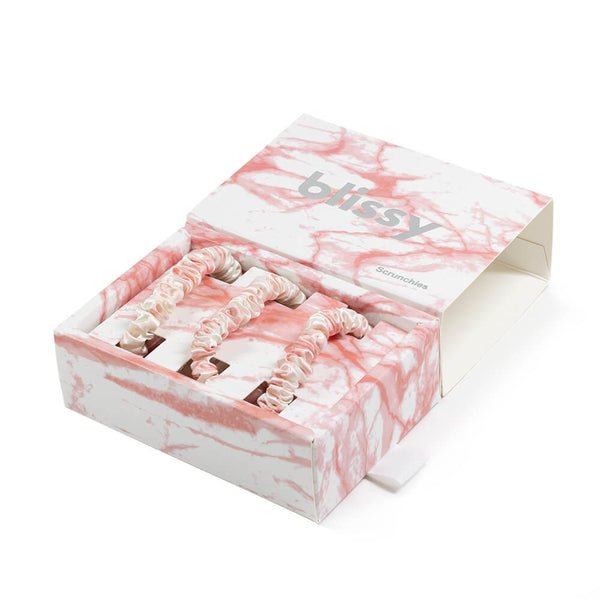 Blissy Rose White Marble Blissy Skinny Scrunchies – 22 Momme Mulberry Silk, 100% Silk