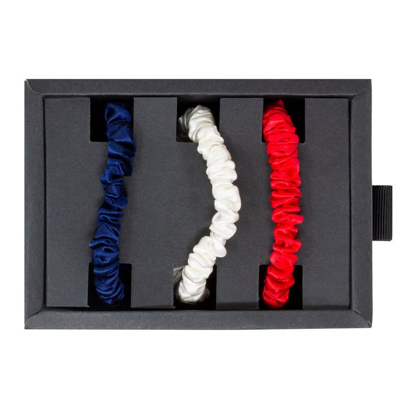 Blissy Red, White, Blue Silk Blissy Skinny Scrunchies Detail –